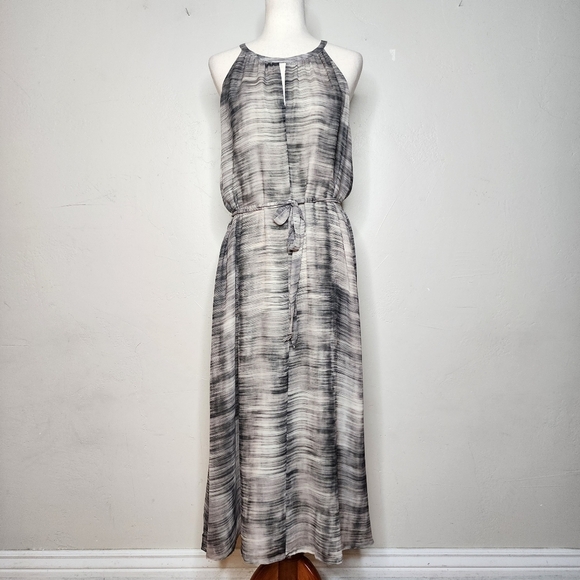 Eileen Fisher Gray and White Silk Brushstroke Print Sleeveless Midi Dress Sz L - Picture 1 of 12